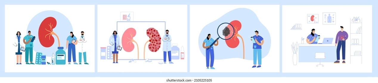 Pain Or Inflammation In Kidney. Medical Appointment With A Doctor. Cancer, Tumor Or Disease In The Urinary System. Internal Organs Exam Concept. Medical Poster. Problem With Health Vector Illustration