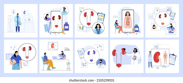 Pain or inflammation in kidney. Medical appointment with a doctor. Cancer, tumor or disease in the urinary system. Internal organs exam concept. Medical poster. Problem with health vector illustration