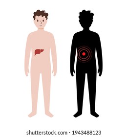 Pain or inflammation in liver. Cirrhosis and hepatitis concept. young man anatomy poster. Ache in child human body. Internal organ exam. Cancer, disease in digestive system flat vector illustration