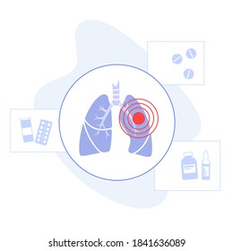 Pain or inflammation in the lungs. Respiratory system disease. Tuberculosis, pneumonia and asthma diagnosis. Cancer, tumor or infection in internal organs concept. Medical flat vector illustration.
