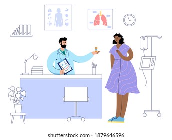 Pain or inflammation in lungs. Respiratory system disease. Doctor appointment, treatment and help in the medical office. Cancer, tumor, infection in internal organs. Medical flat vector illustration