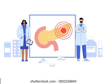 Dolor o inflamación en el páncreas. Logo de la clínica gastrointestinal. Cita médica, tratamiento y ayuda al paciente. Concepto de enfermedad del sistema digestivo. Cáncer en órganos internos ilustración vectorial plana.