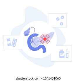 Schmerzen oder Entzündungen in der Bauchspeicheldrüse. Logo der Gastrointestinalklinik oder des Krankenhauses. Duodenum und Gallenblasenanatomie. Konzept der Verdauungskrankheit. Krebs in inneren Organen flache Vektorgrafik.