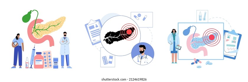 Pain or inflammation in pancreas. Gastrointestinal clinic logo. Doctor appointment, treatment and patient help. Digestive system disease concept. Cancer in Internal organs flat vector illustration.