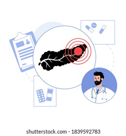 Pain or inflammation in pancreas icon. Gastrointestinal clinic logo. Doctor appointment, treatment and patient help. Digestive system disease concept. Cancer in Internal organ flat vector illustration