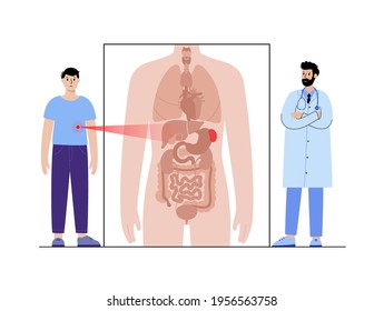 Pain or inflammation in spleen. Cirrhosis or leukemia. Appointment with doctor in clinic. Ache in male human body. Internal organ exam. Hodgkin disease. Problem in immune system vector illustration