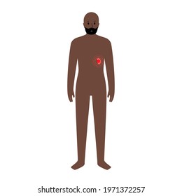 Pain, inflammation in spleen. Cirrhosis, leukemia concept. Adult black man anatomy poster. Ache in male human body. Internal organ exam. Hodgkins disease. Problem in immune system vector illustration