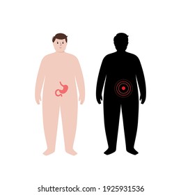 Pain or inflammation in stomach. Adult obese man anatomy poster. Ache in overweight male human body. Internal organs exam. Cancer, disease in digestive system. Abdominal trauma vector illustration