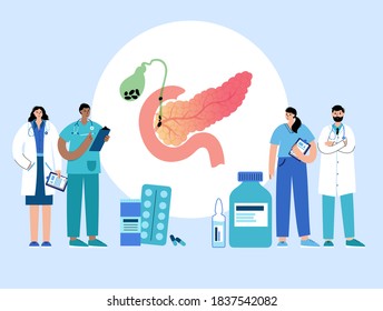 Dolor, inflamación y piedras en el páncreas. Logo de la clínica gastrointestinal. Cita médica y ayuda al paciente. Concepto de enfermedad del sistema digestivo. Cáncer en órganos internos ilustración vectorial plana.