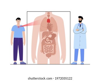 Pain or inflammation in thyroid. Goiters concept. Appointment with doctor in clinic. Ache in male human body. Internal organs exam. Disease and problem in immune system flat vector illustration