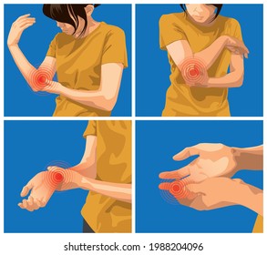 Pain and injuries in body parts. woman is feeling pain in elbow, wrist and finger. 