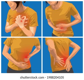 Pain and injuries in body parts. woman is feeling pain in heart, stomach, side and back. 