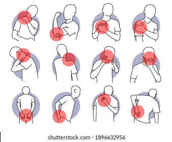 Pain and injury on human body parts. Vector illustrations of painful, stiffness, and  injury on shoulder, neck, and spine. Health problem of muscle tension and spinal subluxation issues.