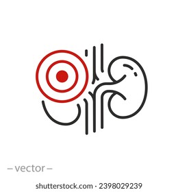 dolor en el icono de los riñones, inflamación del sistema urinario, símbolo de línea delgada - ilustración del vector de trazo editable