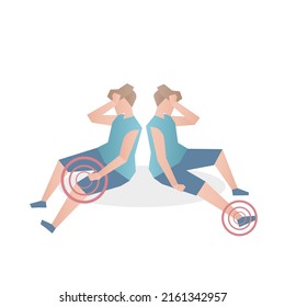 Pain knee injury bone and muscle tendon,Deteriorating knee and Achilles tendon,from exercise,Male runner sits down on the ground after being injured,Vector illustration.
