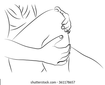 pain in the knee, People with both hands clinging to the leg at the knee. Black and white illustration on a sore leg. Vyveh, injury, broken leg.