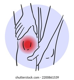 Dolor en el vector de rodilla aislado. La mano toca el área roja dolorosa. Heridas físicas. Concepto de salud y medicina. Enfermedad conjunta.