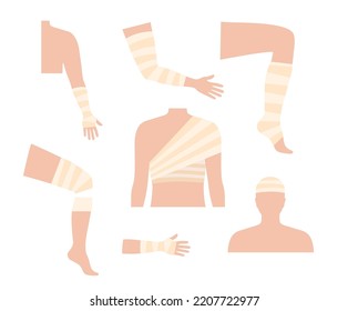 Dolor en la pierna, brazo, hombro o cabeza. Banda, envoltura de gasa médica y tratamiento. Huesos rotos o lesionados. Primera ayuda en la clínica. Concepto de ligamentos rociados. Ilustración plana del vector de trauma de las extremidades.