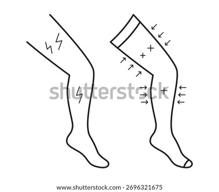 Pain in leg and compression stocking, socks on leg with arrows pressure, line icon. Treatment varicose veins on foot. Medical therapy, rehabilitation clothes. Vector linear illustration