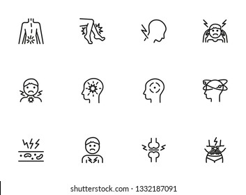 Pain Line Icon Set. Headache, Sore Throat, Stomach Ache. Health Care Concept. Can Be Used For Topics Like Illness, Disease, Symptoms