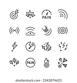 Pain, linear style icons set. The place where pain is manifested. Pain point. Appearance of pain, intensity. Types and location. Sensitive points. Editable stroke width