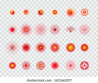 Pain localization circles, target vector icons set. Red rounds, ache symbols collection. Pain marks isolated pack on transparent background. Ache place, painkiller radial sign illustrations