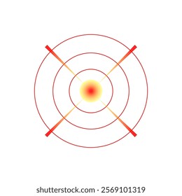 Pain localization icon in red circle. Sore spot symbol for body ache. Hurt region mark. Targeted pain sign used in medical and advertisement designs