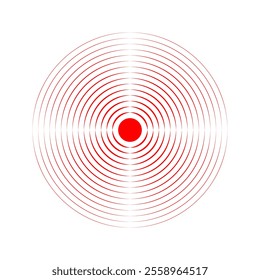 Pain localization icon. Red concentric circles. Ache, sore or inflammation symbol. Pulse or headache sign. Shockwave, radar, sonar wave or sound signal pictogram. Vector flat illustration.