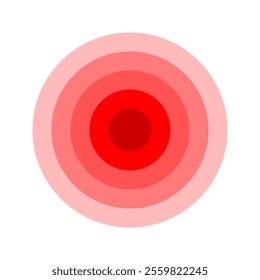 Pain localization icon. Red concentric circles. Sore, ache or inflammation symbol. Pulse, radiation or vibration sign. Shockwave, radar, sonar wave or sound signal pictogram. Vector illustration.