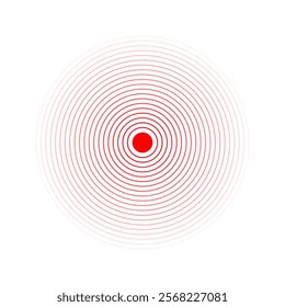 Pain localization icon. Red concentric circles. Ache, sore or inflammation symbol. Pulse, radiation or vibration sign. Coverage or damage, radio signal or sonar wave pictogram. Vector illustration.