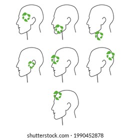 Pain localization indicators. The effect of herbal medicines on pain in different parts of the head. Silhouette of a head with different sources of pain, set. 