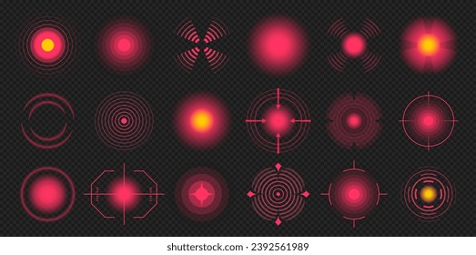 Marca de localización de dolor. Dolor en las articulaciones de los dientes del músculo de la cabeza, manchas crónicas en el cuerpo, tratamiento para el dolor rojo. Conjunto aislado de vectores de dolor radial, ilustración de manchas rojas