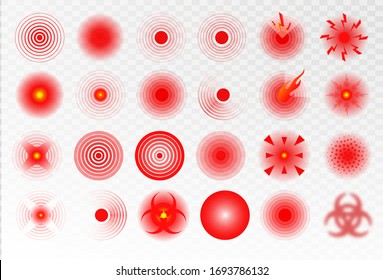 Pain localization mark, set of abstract symbols of pain. Red circles for marking human pain. Headache, hurt body part marker, muscular joint . Vector illusration EPS 10