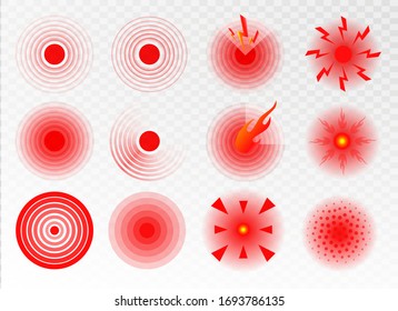 Pain localization mark, set of abstract symbols of pain. Red circles for marking human pain. Headache, hurt body part marker, muscular joint . Vector illusration EPS 10