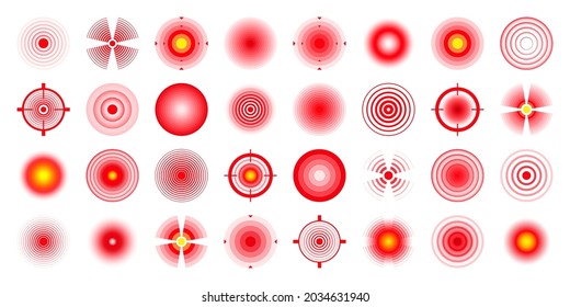 Pain localization marks. Painful area, aching spot. Red circles, targets. Headache, bruised body part marker. Back, neck, muscle pain symbol. Healthcare ad, medical information. Vector illustration.