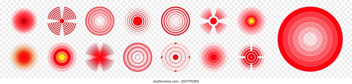 Pain localization marks. Painful area, aching spot. Red circles, targets. Headache, bruised body part marker. Back, neck, muscle pain symbol. Healthcare ad, medical information. Vector illustration.