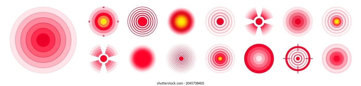 Pain localization marks. Painful area, aching spot. Red circles, targets. Headache, bruised body part marker. Back, neck, muscle pain symbol. Healthcare ad, medical information. Vector illustration.