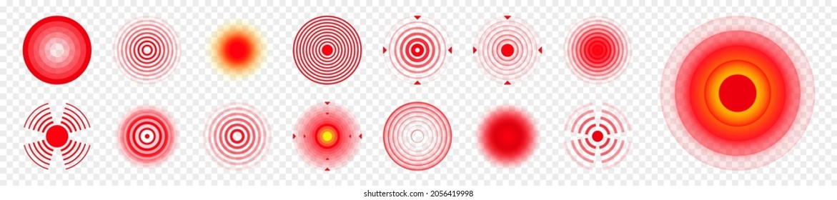 Pain localization marks. Painful area, aching spot. Red circles, targets. Headache, bruised body part marker. Back, neck, muscle pain symbol. Healthcare ad, medical information. Vector illustration.