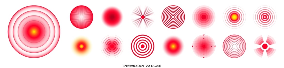 Pain localization marks. Painful area, aching spot. Red circles, targets. Headache, bruised body part marker. Back, neck, muscle pain symbol. Healthcare ad, medical information. Vector illustration.