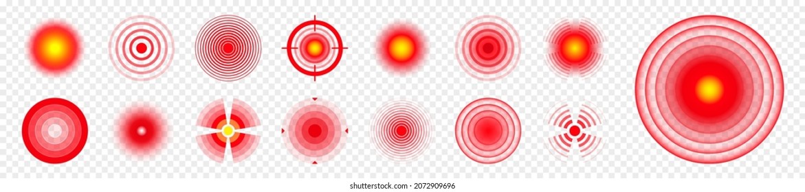 Pain localization marks. Painful area, aching spot. Red circles, targets. Headache, bruised body part marker. Back, neck, muscle pain symbol. Healthcare ad, medical information. Vector illustration.