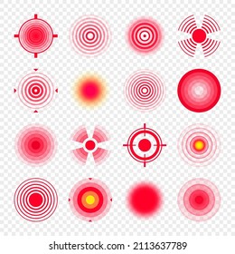 Pain localization marks. Painful area, aching spot. Red circles, targets. Headache, bruised body part marker. Back, neck, muscle pain symbol. Healthcare ad, medical information. Vector illustration.