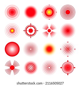 Pain localization marks. Painful area, aching spot. Red circles, targets. Headache, bruised body part marker. Back, neck, muscle pain symbol. Healthcare ad, medical information. Vector illustration.