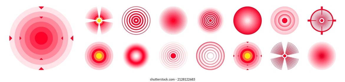 Marcas de localización de dolor. Zona dolorosa, zona dolorosa. Círculos rojos, blancos. Cefalea, hematomas en la parte del cuerpo. Espalda, cuello, símbolo de dolor muscular. Anuncio de salud, información médica. Ilustración vectorial.