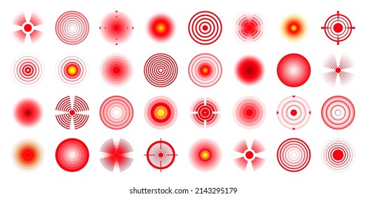 Schmerzhafte Lokalisierungszeichen. Schmerzhaftes Gebiet, schmerzhafter Ort. Rote Kreise, Ziele. Kopfschmerzen, blaue Körperteilmarkierung. Rücken, Nacken, Muskelschmerzsymbol. Gesundheitsversorgung und medizinische Information. Vektorgrafik.