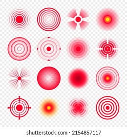 Pain localization marks. Painful area, aching spot. Red circles, targets. Headache, bruised body part marker. Back, neck, muscle pain symbol. Healthcare ad, medical information. Vector illustration.