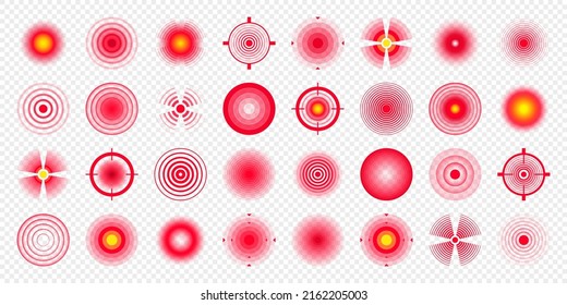 Pain localization marks. Painful area, aching spot. Red circles, targets. Headache, bruised body part marker. Back, neck, muscle pain symbol. Healthcare ad, medical information. Vector illustration.