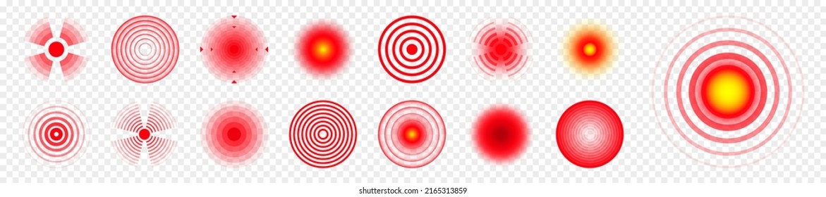 Pain localization marks. Painful area, aching spot. Red circles, targets. Headache, bruised body part marker. Back, neck, muscle pain symbol. Healthcare ad, medical information. Vector illustration.