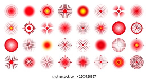 Marcas de localización de dolor. Zona dolorosa, zona dolorosa. Círculos rojos, blancos. Cefalea, hematomas en la parte del cuerpo. Espalda, cuello, símbolo de dolor muscular. Anuncio de salud, información médica. Ilustración vectorial.