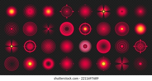 Pain localization marks. Painful area, aching spot. Red circles, targets. Headache, bruised body part marker. Back, neck, muscle pain symbol. Healthcare ad, medical information. Vector illustration.