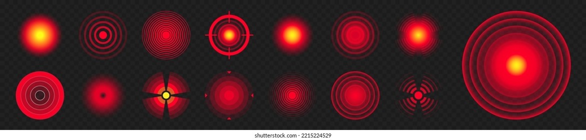 Pain localization marks. Painful area, aching spot. Red circles, targets. Headache, bruised body part marker. Back, neck, muscle pain symbol. Healthcare ad, medical information. Vector illustration.